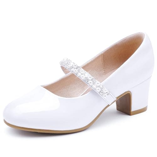 LAURMOSA White Dress Shoes Kids Girls Princess Heel Easter Church Flower Girl Shoes for Wedding Party Formal Girls Baptism Flats First Communion Shoe Size 1 Big Kids(CAL1039PaWhite 1)
