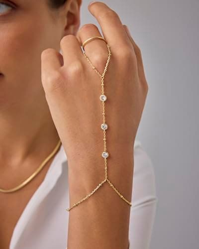 PAVOI 14K Yellow Gold Plated Satellite Beaded Hand Chain for Women with Cubic Zirconia | Body Chain Jewelry