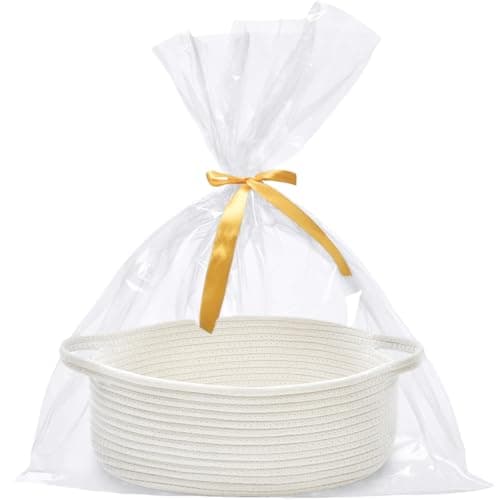 Optish Woven Basket, Gift Empty Basket with Bags and Ribbons, 13.5"x11"x5" Burr Rope Basket for Baby Shower, Durable Storage Basket with Handles for Nursery, Shelves, Toys, White