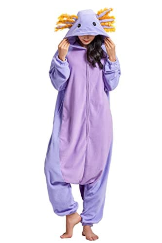DELEY Unisex Axolotl Costume Adult Onesie, One Piece Pajamas, Halloween Cosplay Costumes Homewear Jumpsuit,Animal Onesie, Lavender, Large