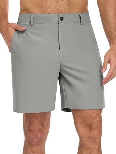 TUREFACE Mens Casual Flat Front Shorts for Men 7 Inch Inseam Quick Dry Wrinkle Resistant Shorts Light Grey Large