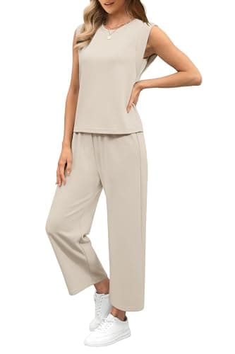 SAMPEEL Two Piece Sets for Women Lounge Casual Fall Outfits Beach Vacation Matching Sets Women Clothing Summer Trendy Sleeveless Tops Wide Leg Crop Pants Beige S