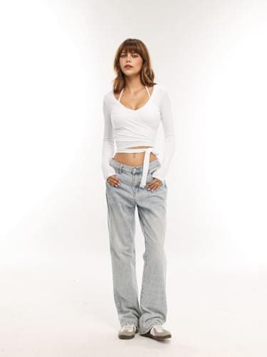 Danysu Ballet Wrap Tops Pilates Yoga Long Sleeve Outfits V-Neck Tie Waist Dance Shirts Y2K Fall Cardigans White XS — view 7