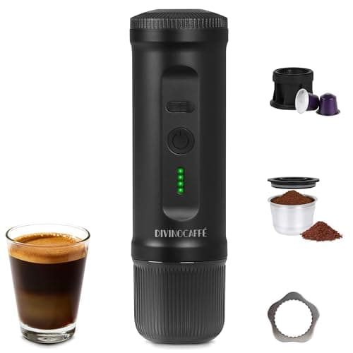 DIVINOCAFFÉ Portable Espresso Machine, 20 Bar Self Heating Travel Coffee Maker, Compatible with NS Capsules & Coffee Powder, Mini Espresso Machine for RV, Hiking, Office, Car, Black