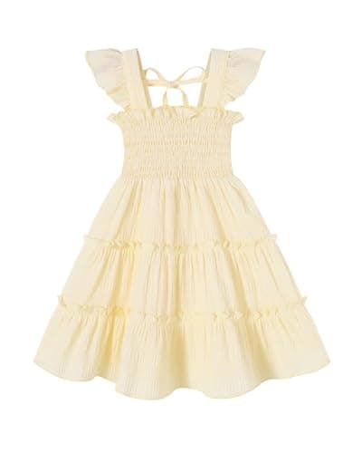FishingDino Toddler Baby Girls Dress 1-6T, Ruffle Sleeveless Smocked Dress with Back Tie Summer Outfits Beach Sundress, Yellow 4-5T