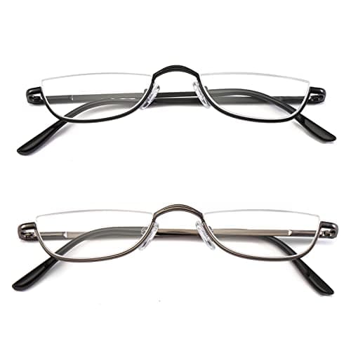 Half Reading Glasses 2 Pairs Half Rim Metal Frame Glasses Spring Hinge Readers for Men and Women, Black+Gold 2.50