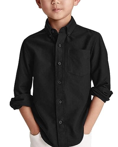 Haloumoning Boys' Long Sleeve Dress Shirts Classic Collared Button-Down Tshirt Solid Cotton Top with Chest Pocket, Black, 8-9 Years