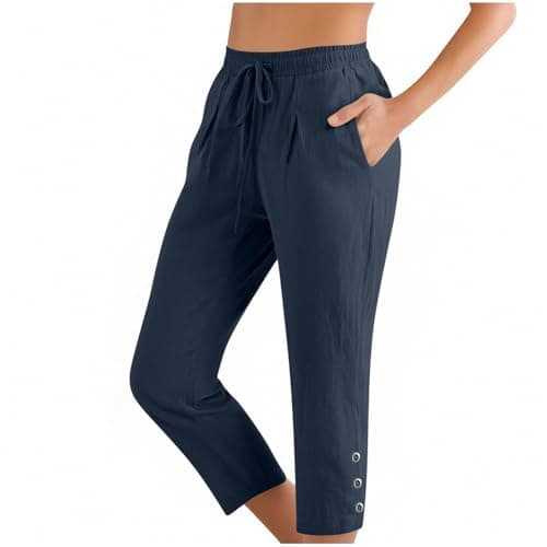 Summer Cotton Linen Capri Pants for Women High Waist Drawstring Straight Leg Capris Casual Beach Cropped Lounge Pant Navy — view 4