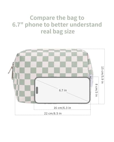 Narwey Checkered Makeup Bag Travel Cosmetic Bag Organizer Toiletry Bag Make Up Bags with Compartments for Women Girls (Large, Mint Green Checkerboard) — view 4