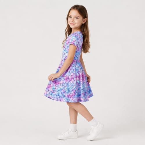 Mud Kingdom Toddler Girls Dress Crewneck Round Neck Short Sleeve Blue Mermaid Printing Casual Summer 3T