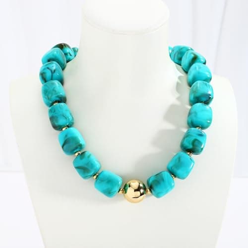 TENTMENTISE Chunky Necklaces for Women, Turquoise Beaded Necklace for Women Trendy, Gold Plated Chunky Turquoise Boho Choker Necklaces, Womens Summer Beach Jewelry Gifts for Vacation Holiday — view 2