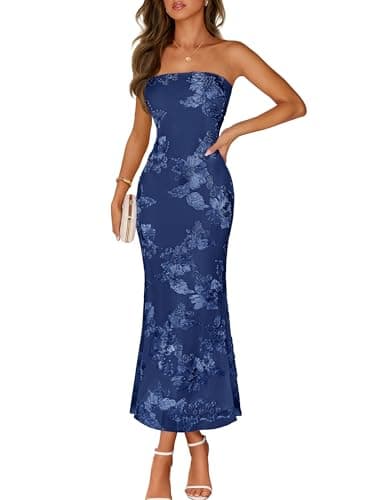 MEROKEETY Women's Floral Strapless Maxi Dress 2026 Summer Mesh Tube Bodycon Formal Wedding Guest Cocktail Party Long Dresses, Navy, Small