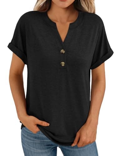 AUTOMET Short Sleeve Shirts for Women Dressy Casual Summer Tops 2026 Henley Spring Fashion Teacher School Outfits Work Blouses Trendy Cozy Cute Plus Size T-Shirts Business Clothes Black S