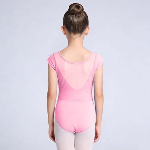 Zzalalana Girls Ballet Leotards Short Sleeve Mesh Dance Leotard Bodysuit Gymnastics Outfits Tops for Kids 3-15 Years Pink — view 3