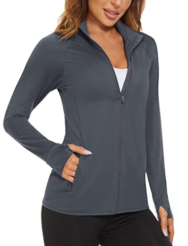 MAGCOMSEN Women's UPF 50+ Athletic Jackets Zip Up Lightweight Sun Protection Shirts with Thumb Holes Workout Dark Grey 2XL