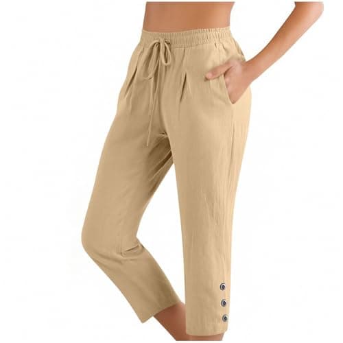 Summer Cotton Linen Capri Pants for Women High Waist Drawstring Straight Leg Capris Casual Beach Cropped Lounge Pant Khaki — view 3