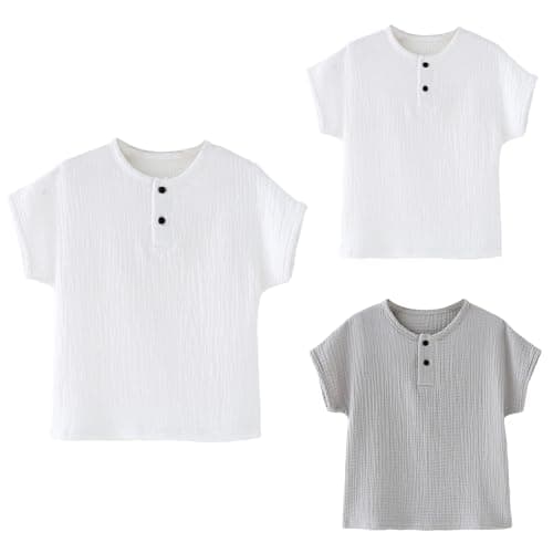 Boys Girls Cotton Linen Shirts Toddler Short Sleeve Button Down Tee Tops Solid Casual T Shirt Baby Cute Summer Top Clothes (White, 12-24 Months)