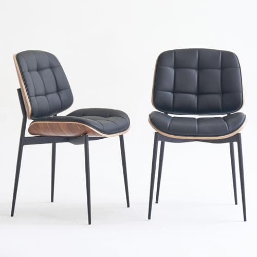 GrandNoor Mid Century Modern Dining Chairs with Walnut Grain Back,Black Faux Leather Dining Room Chairs Set of 4,Checkered Soft Cushion Kitchen Chairs with Adjustable Foot Pads — view 3