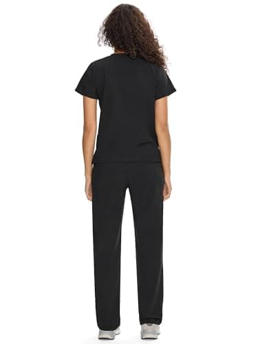 Scrubs for Women Set Medical Uniform - V-Neck Top & Straight Leg Pants with 9 Pockets, Wrinkle-Resistant Unisex Workwear, Black, M