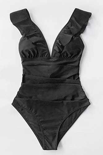 CUPSHE Women's V Neck One Piece Swimsuit Ruffled Lace Up Monokini Black — view 2