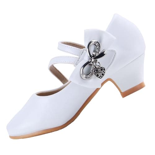 EIGHT KM Girls High Heel Dress Shoes Mary Jane Wedding Party Pumps Princess Shoes EKM7035 Microfiber Leather Athena Metallic Bow White US Toddler Size 10