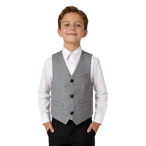 LOLANTA Youth Boys Vest Classic Fit V Neck 3 Buttons Church Clothes Dress Waistcoat with Pockets (Grey, 7-8 Years)