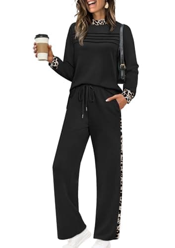 WIHOLL Business Casual Outfits for Women 2 Piece Workout Sets 90s Travel Country Concert Outfits Going Out Fall Winter Tracksuits Seniors Pajamas Clothing Leopard M
