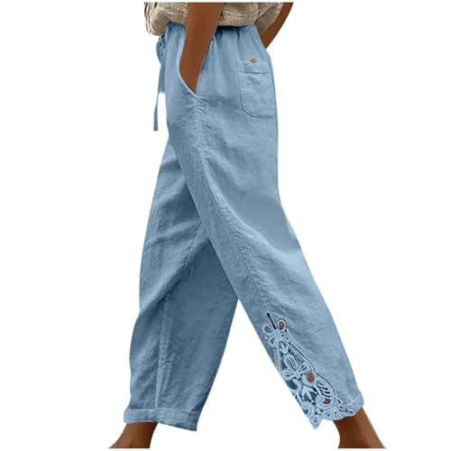 Lace Boho Linen Pants for Women 2026 Summer Lightweight Gauze Pants Elastic Waist Beach Travel Trousers with Pockets