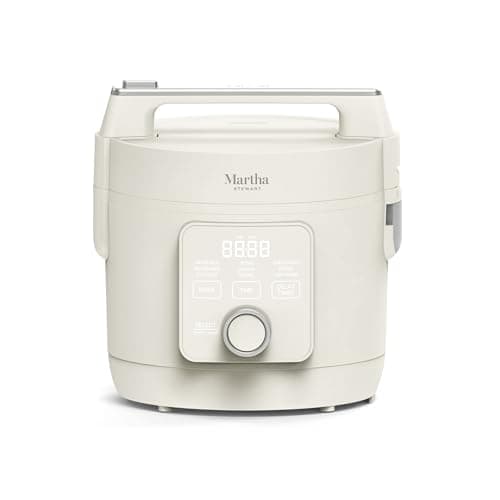 Martha Stewart Rice Cooker, 4 Cup (Uncooked) / 8 Cup (Cooked), Ceramic Non-Stick Removable Pot, Keep Warm, Measure Markings, Steam Basket, Brown & Sushi Rice, Quick Cook, Quinoa, Grains, Oats, Linen Cream