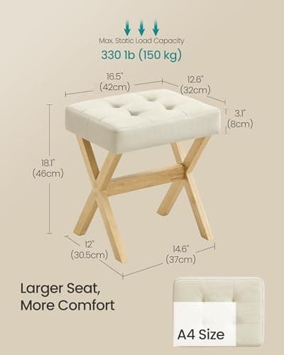 SONGMICS Makeup Stool, Padded Vanity Stool, Foot Rest, Solid Wood X Legs, for Bedroom, Closet, Entryway, 12.6 x 16.5 x 18.1 Inches, Summer Sand and Natural Beige ULSF006LF02