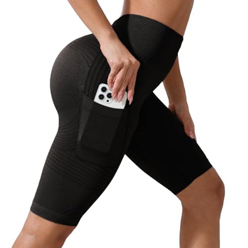 3D Compression AntiCellulite Shorts with Pockets for Women High Waisted Butt Lifting Yoga Pants Workout Tummycontrol (M) Black