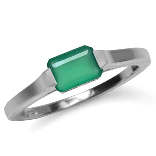 Silvershake Natural Octagon Shape Emerald Green Agate White Gold Plated 925 Sterling Silver East-West Solitaire Promise Ring Size 4