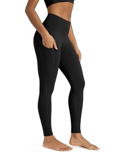 ODODOS Women's High Waisted Full Length Yoga Leggings with Pockets, 28" Inseam Tummy Control Non See Through Workout Athletic Running Yoga Pants, Black, Large