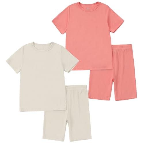 MICHLEY Bamboo Toddler Pajamas 2T - Soft Rayon Bamboo Sleepwear Short Sleeve PJS Set, 4-Piece Top & Shorts Casual Outfit, Mommy and Me PinkBeige Outfits Machine Wash, Gift for Boys Girls