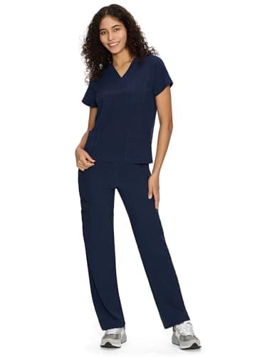 Scrubs for Women Set Medical Uniform - V-Neck Top & Straight Leg Pants with 9 Pockets, Wrinkle-Resistant Unisex Workwear, Navy Blue, M — view 8