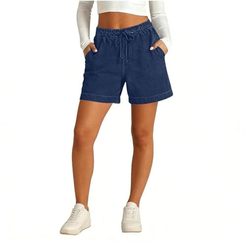 Womens Summer Shorts Pull On Elastic Waist Jean Shorts Lightweight Casual Baggy Jorts Drawstring Comfy Crop Pants — view 2