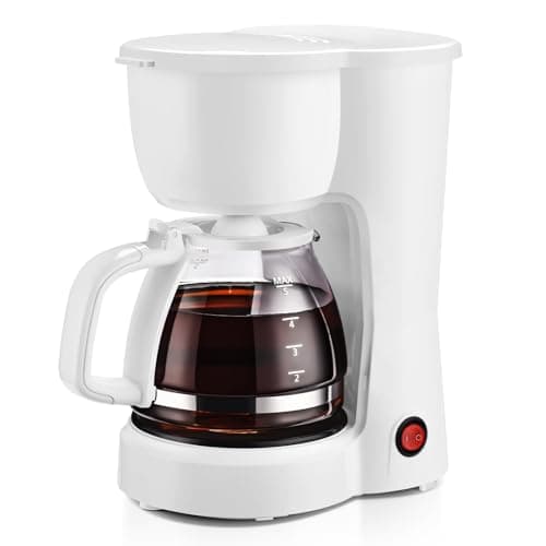 White 5-cup drip coffee maker. Compact coffee brewer for home kitchens and small spaces.