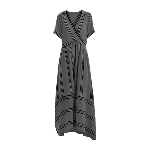 Women's Summer Boho Striped Print Midi Dress Short Sleeve Deep V Neck Criss Cross Empire Waist Flowy Beach Dress Gray-L — view 4