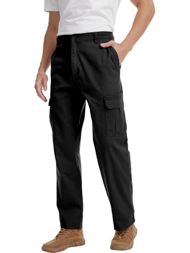 WORK IDEA Men's Stretch Cargo Pants, Relaxed Fit Flex Cotton Utility Trousers with 6 Pockets for Work, Outdoor & Travel, Black, 38W x 30L