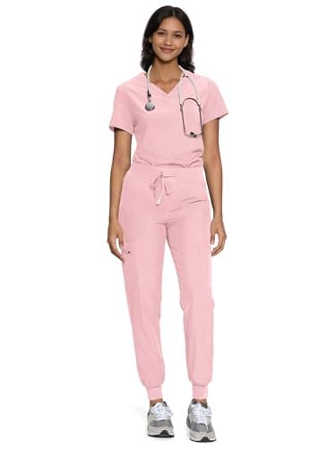 floralhue Scrubs for Women, Women's Medical Scrub Sets, V-Neck Scrubs Top & Cargo Pants with 12 Pockets, Pink Rose, M