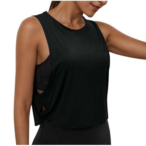 Athletic Tank Tops for Women Twist Knot Cut Out Side Slit Crop Tops Yoga Workout Loose Fit Sleeveless T-Shirts Black