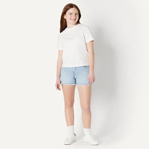 Amazon Essentials Girls' Medium Stretch Mid-Rise Cut-Off Jean Shorts, Iced Blue Light Wash, 12 — view 2