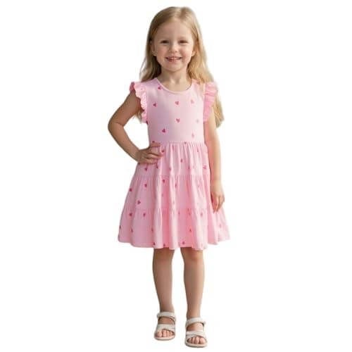 Winzik Girls Dress, Toddler Summer Short Sleeve Cotton Casual Ruffle Dresses Clothes 18M-7Y(5-6 Years, Pink Heart)