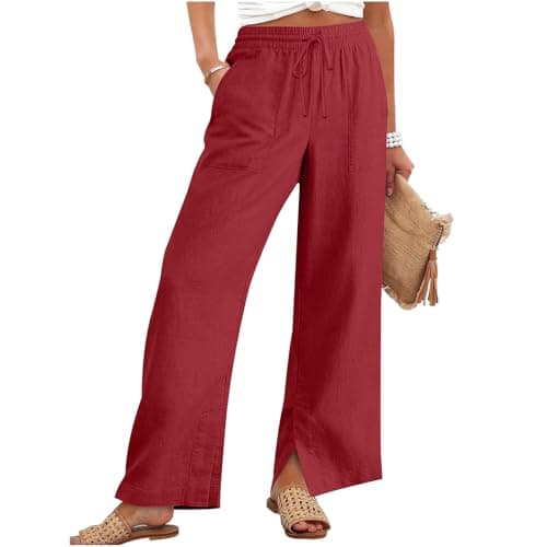 Linen Pants for Women Plus Size Trendy Summer Palazzo Pants with Pockets High Waisted Wide Leg Trousers Loose Slacks