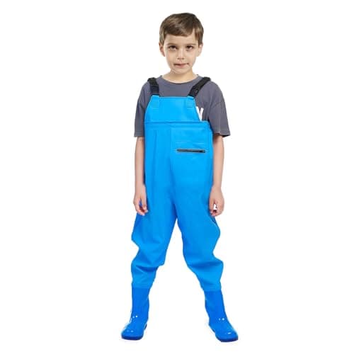 VicBre Kids Chest Waders with Non-Slip Boots, Attached System with Waterproof Trousers, Waders for Boys and Girls, Blue, 6 Little Kid