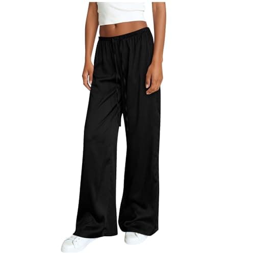 Womens Satin Wide Leg Dress Pants Silk Casual Dressy Flowy Long Pants Drawstring Elastic High Waisted Trousers S-3XL Black — view 4