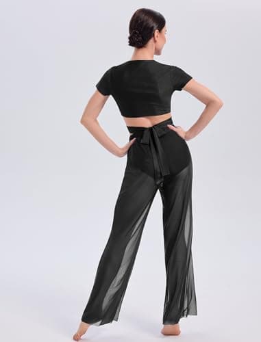 ODASDO Lyrical Dance Costume Women Modern Contemporary Two Piece Outfit Short Sleeve Crop Tops with Mesh Wide Leg Pants Set, Black, X-Small — view 3