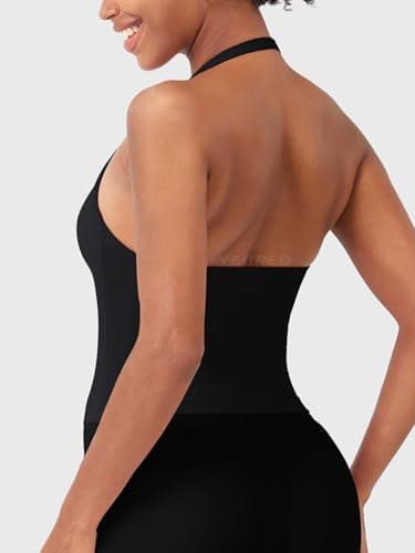YEOREO SoftHue Women's Impact Halter Tank Top Longline Backless Scoop Neck Built-in Bra Sports Workout Gym Crop Top, Black, Medium — view 6