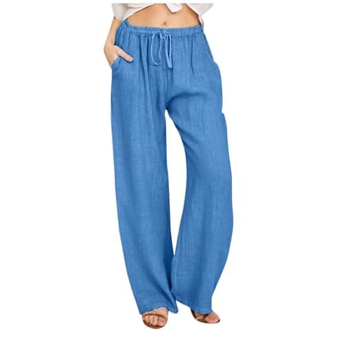 Women's Flowy Pants Summer Cotton Linen Comfy Palazzo Pants with Pockets Loose Fit High Waisted Trousers Beach Slacks