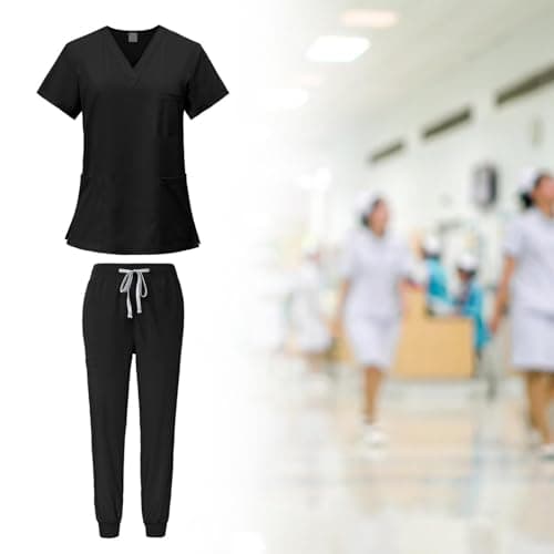 YIJU Female Scrub Set Nurse Workwear V Neckline Professional Machine Washable Top and Joggers Pant Work Clothing for Beauty Center, Black, L — view 3